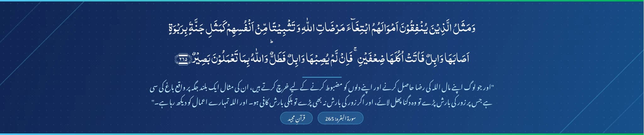 سورة البقرة: 265 — وَمَثَلُ الَّذِينَ يُنفِقُونَ أَمْوَالَهُمُ ابْتِغَاءَ مَرْضَاتِ اللَّهِ…
